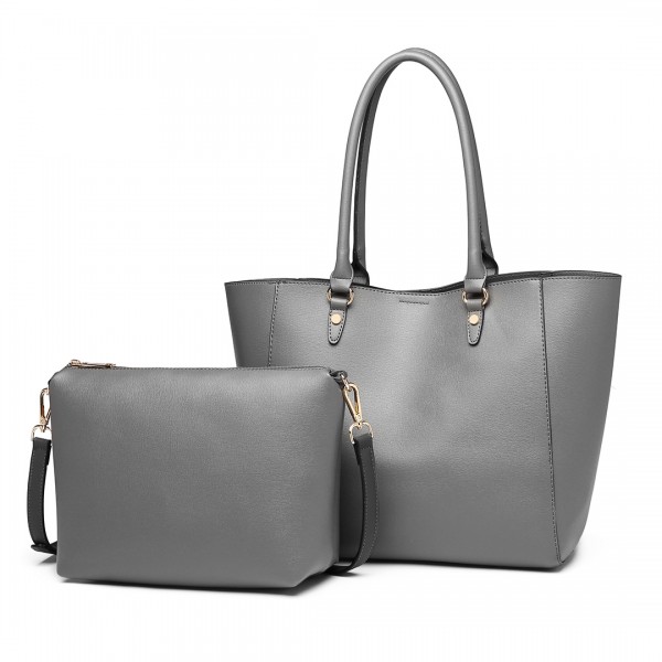 LH6895 - Miss Lulu Textured Leather Look 2 Piece Tote and Shoulder Bag Set - Grey